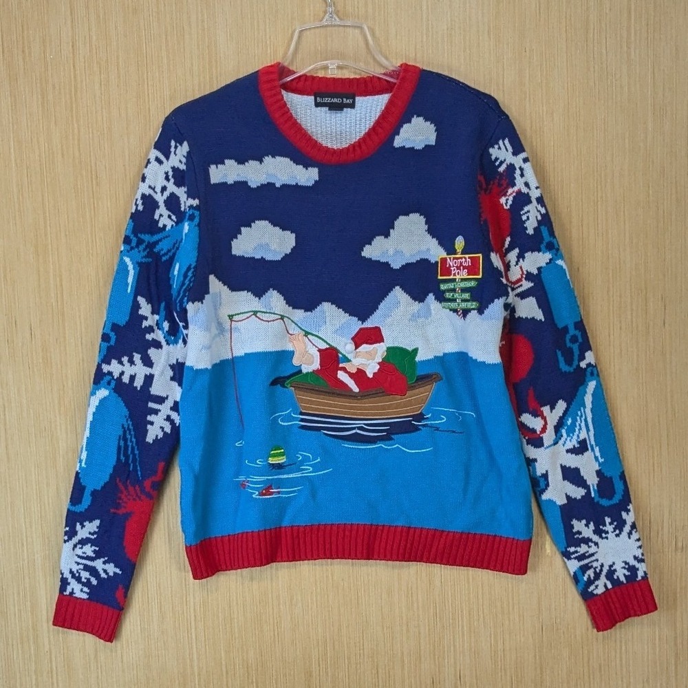 Blizzard Bay Mens Santa Fishing Novelty Holiday Ugly Christmas Sweater Size M